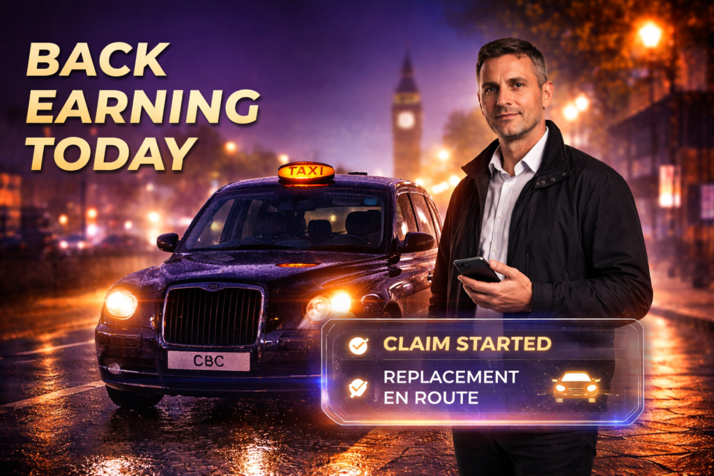 Self-employed London taxi driver managing a non-fault accident claim at night — replacement vehicle coordinated through Accident Assist Network