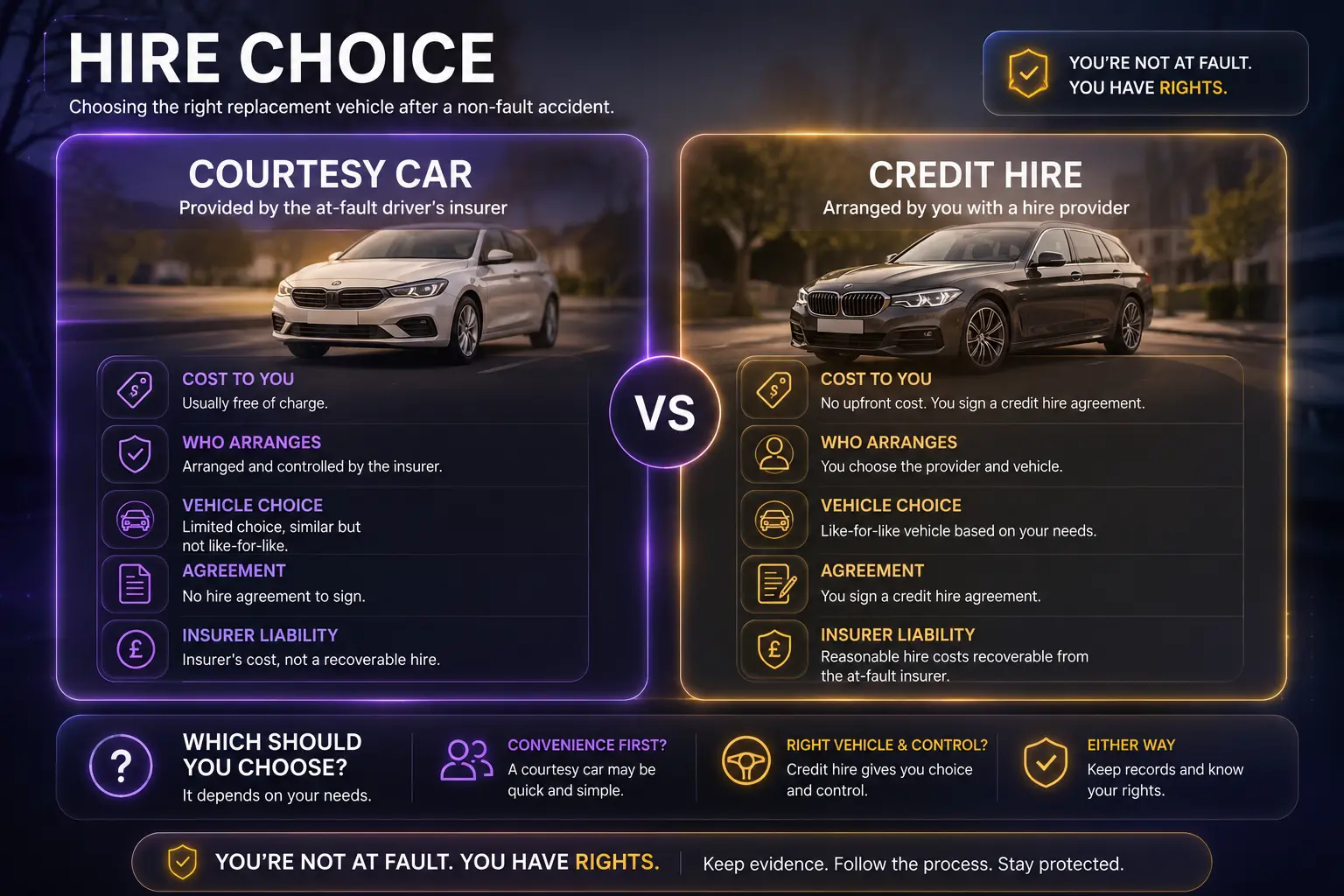 Comparison diagram explaining courtesy car versus credit hire after a non-fault accident