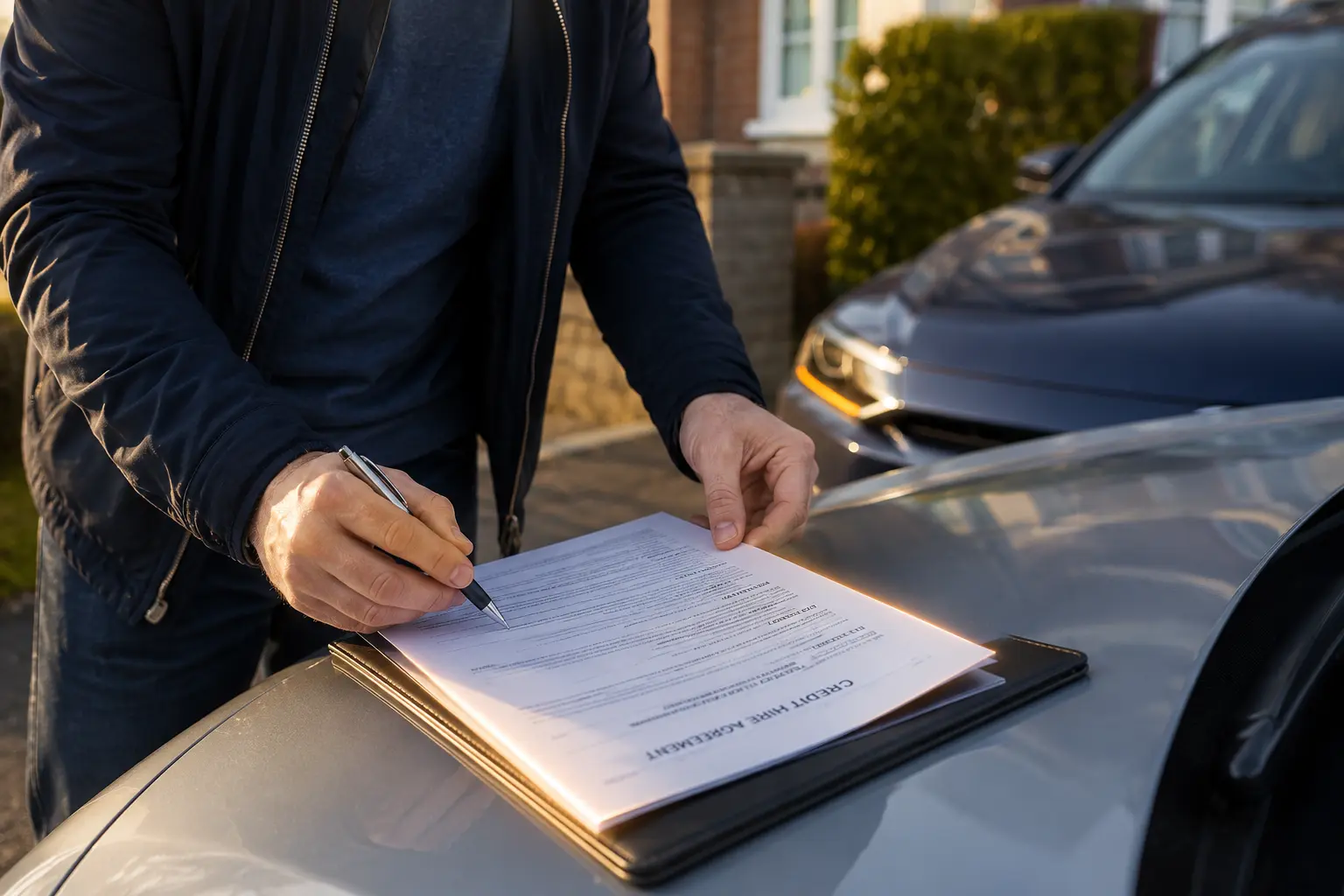 Driver checking a credit hire agreement before accepting a replacement vehicle