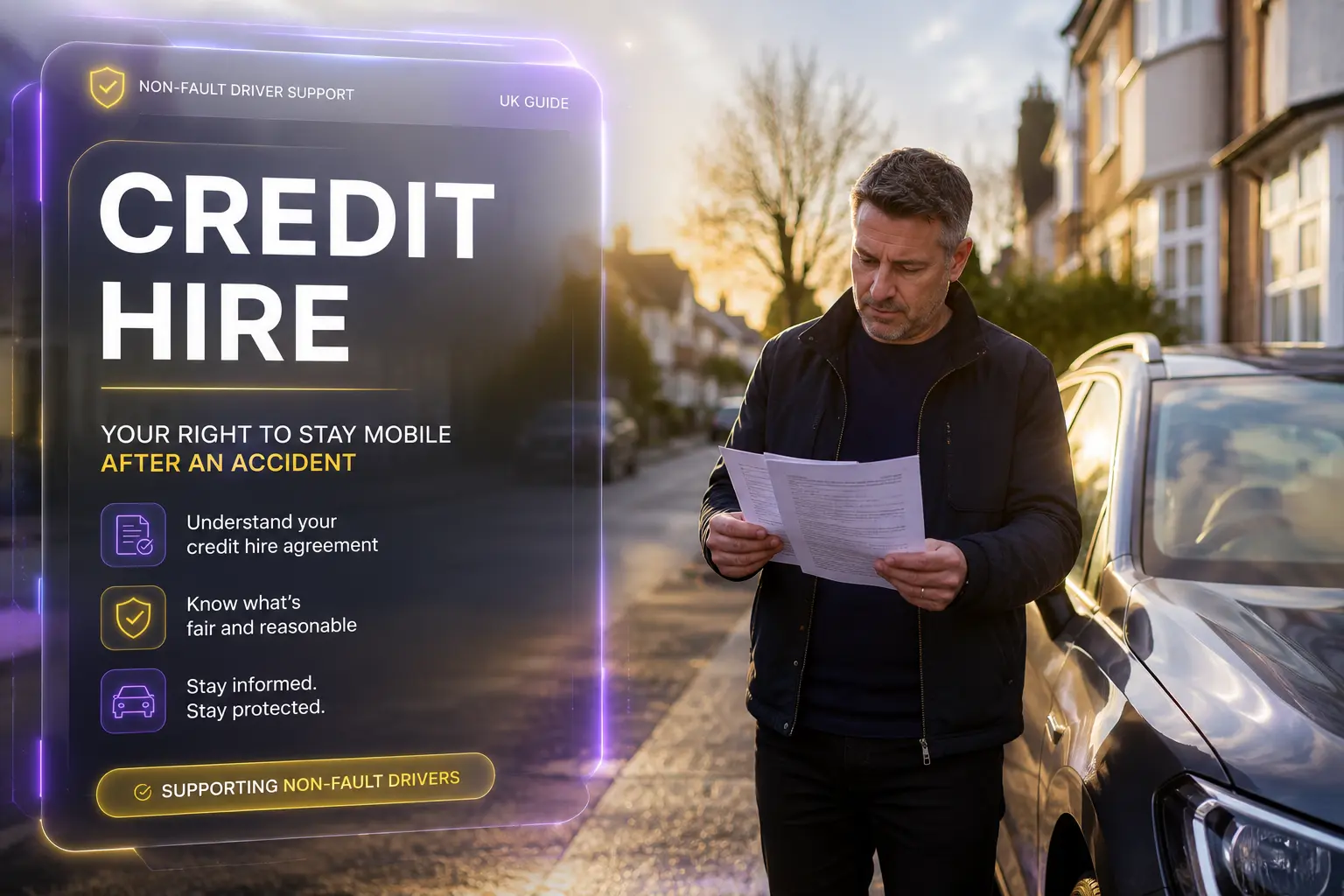 Non-fault driver reviewing credit hire paperwork beside a replacement vehicle in the UK