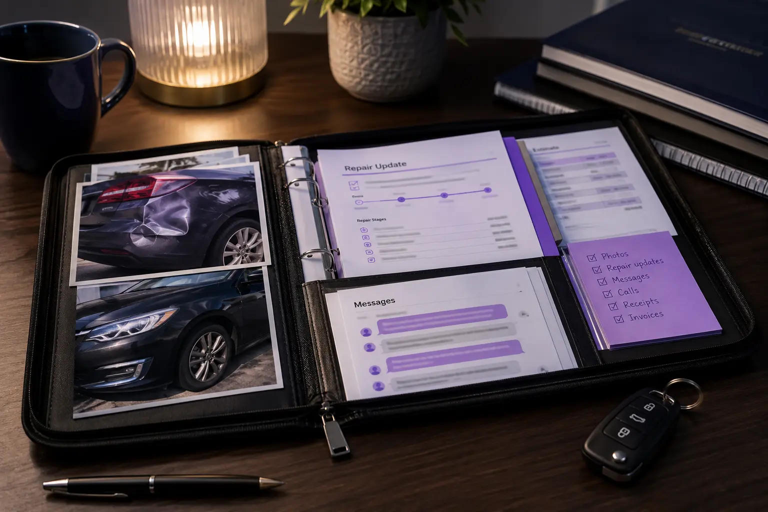 Organised accident evidence folder with repair updates and vehicle photos