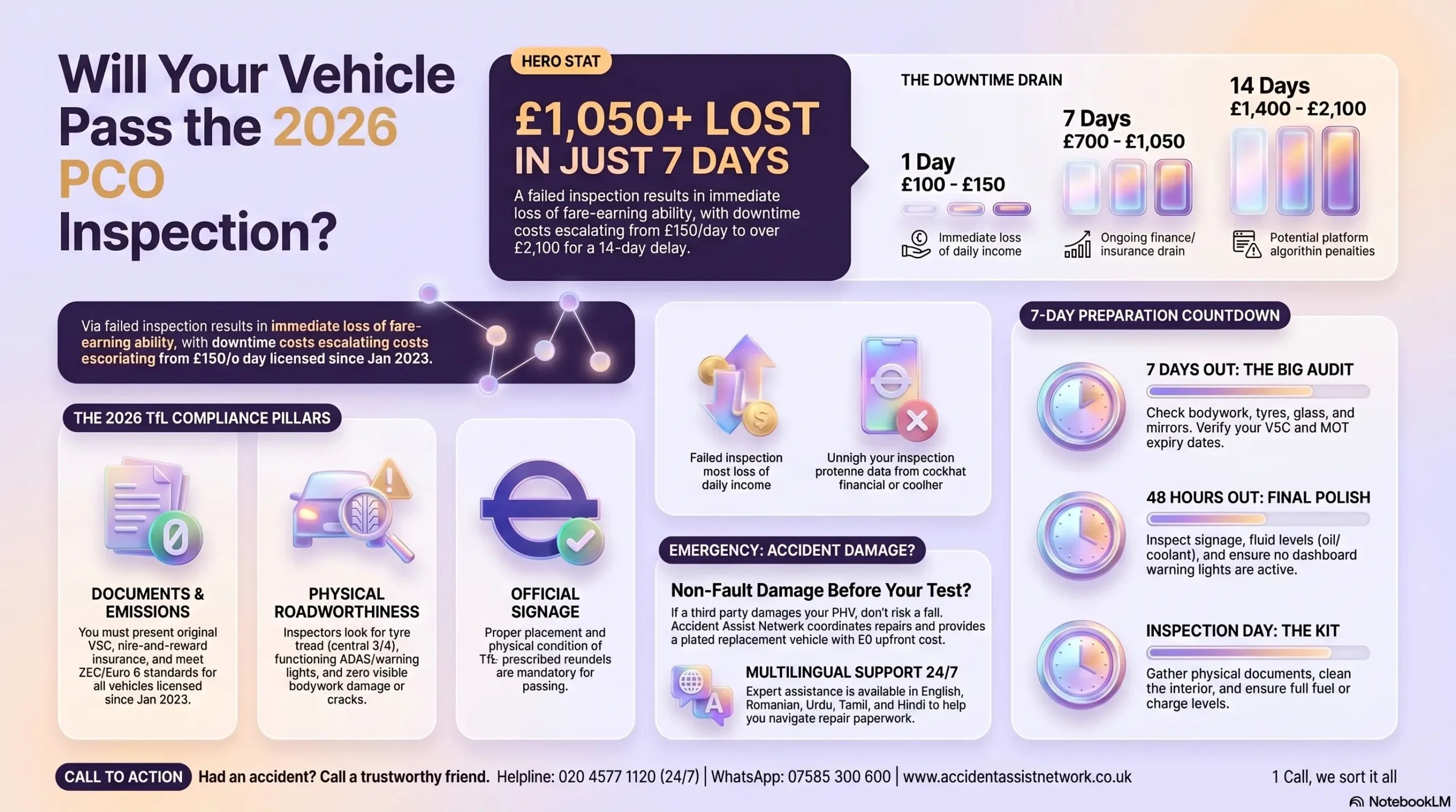Infographic explaining PCO inspection preparation, compliance pillars and accident-damage support options.
